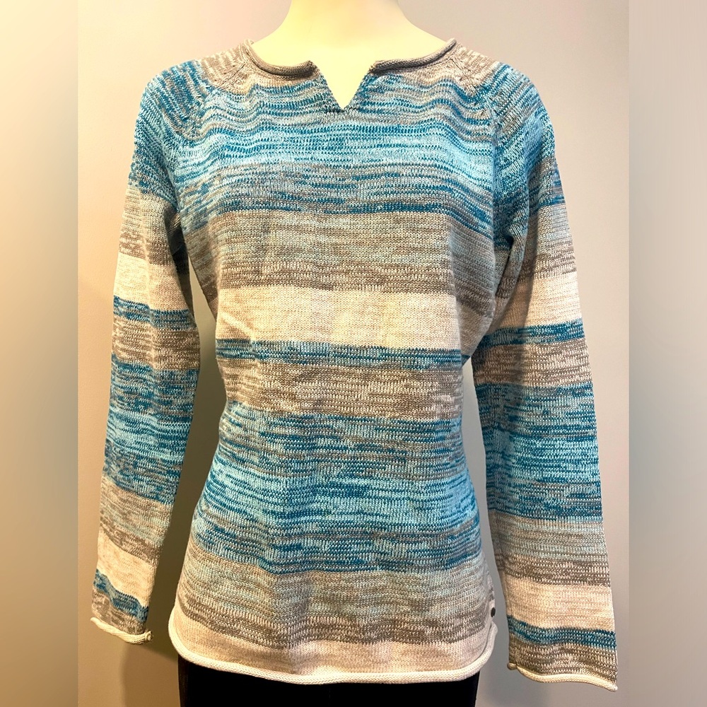 Eddie Bauer knit stripe pull over curl over hems mini v neck casual sweater